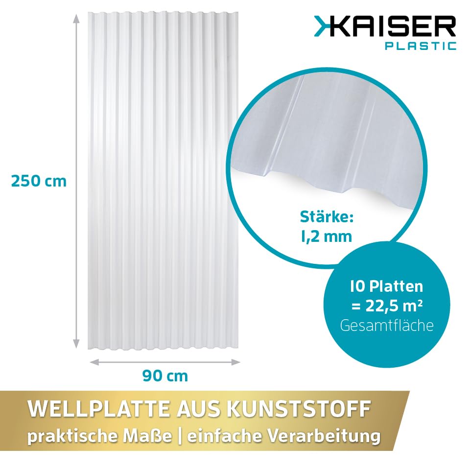 Kaiser plastic Wellplatte Trapez glatt und klar 90 x 250 cm 76/18-1mm Stärke Made in Germany 10 Stück
