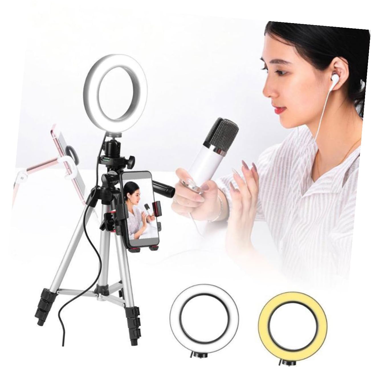 Luce ad Anello LED Supporto per Treppiede per Selfie Video Streaming e Trucco Notturno in Altezza Dimmerabile Alimentato USB Compatibile con Telefoni Cellulari