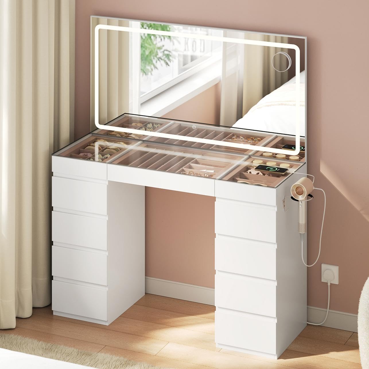 WOLTU White Dressing Table with Large Mirror and Glass Top, Vanity Desk