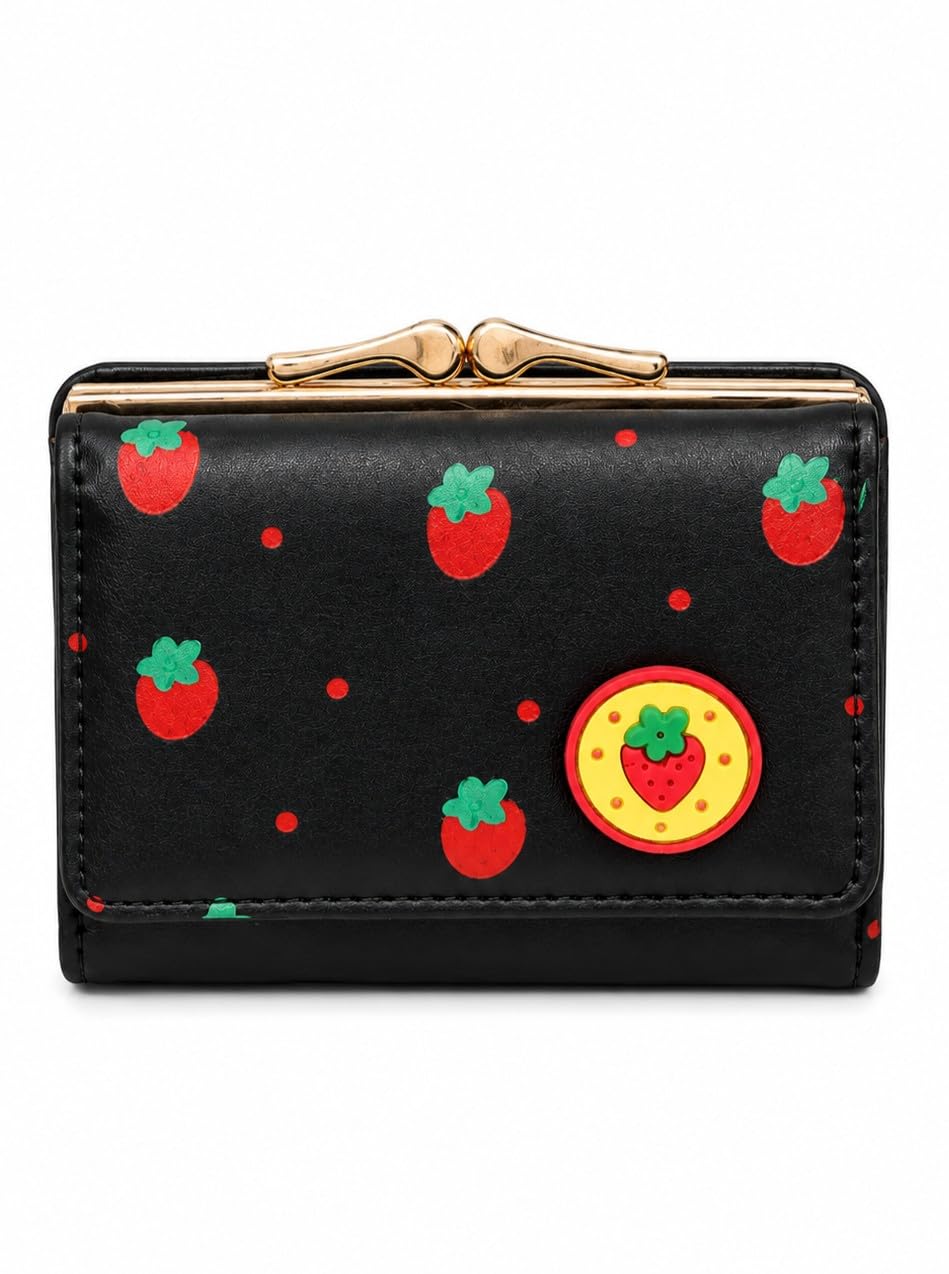 Cute Strawberry Print Wallet for Women & Girls | Compact PU Leather Trifold Purse with Kiss Lock Coin Pocket, Card Slots & ID Window (Black)-image-46