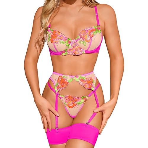 Kaei&Shi Floral Embroidered, Underwire, G-String, Garter Belt, 4 Pieces Lingerie