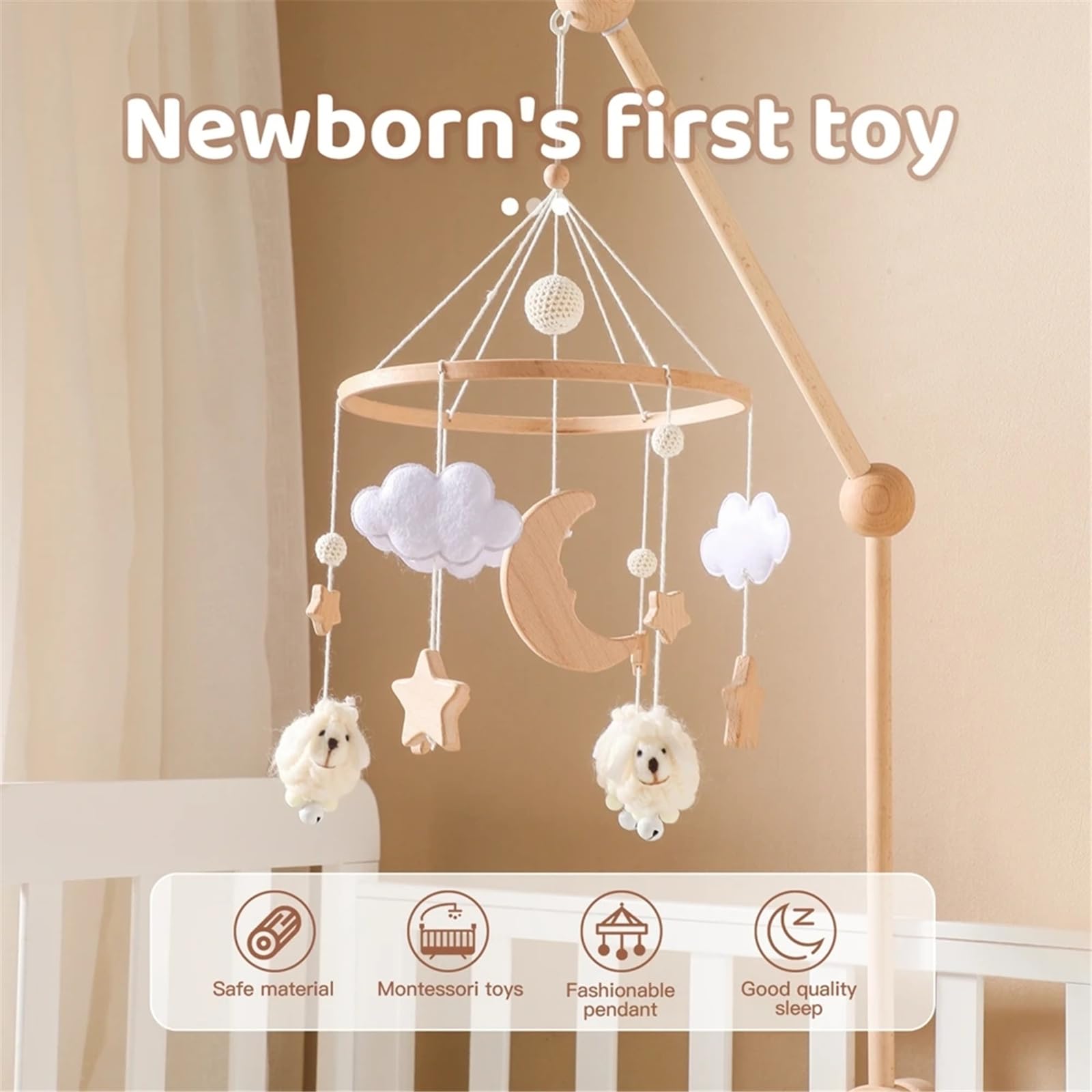 Tiere Mobile Baby Windspiele, Stern Mond Lamm Mobile Baby Holz mit Filzbällen, Mobile Baby Mädchen Bettglocke Anhänger für Babybett Jungen und Mädchen (Weiß)