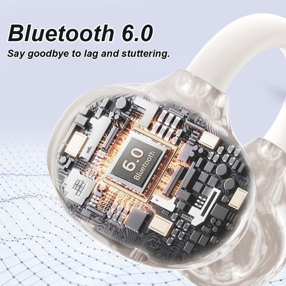 Clip-on Open-Ear Bluetooth-Kopfhörer Wireless,Bluetooth 6.0,60 Stunden Ultra-Lange Akkulaufzeit,Komfortabel & Schmerzfrei,Ideal für Sport, Büro & Fitness,Wollweiß
