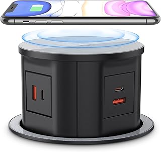 ANNQUAN Pop Up Outlet for Countertop with 20W USB-C,4.7inch Retractable Recessed Pop Up Outlet with 15W Wireless Charger 3 Outlets 2 USB-C 2 USB-A,6FT Cord for Conference Kitchen Garage Workbench