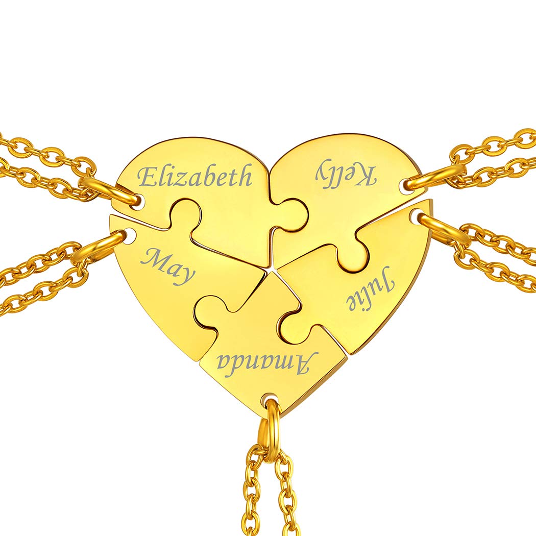 Suplight Freundschaftsketten personalisiert Namensketten 18k vergoldet/Edelstahl 2/3/4/5/6 teilige Herz Puzzle mit 46+5cm/1,5mm Rolokette Gravur für Damen Herren mit Geschenkbox