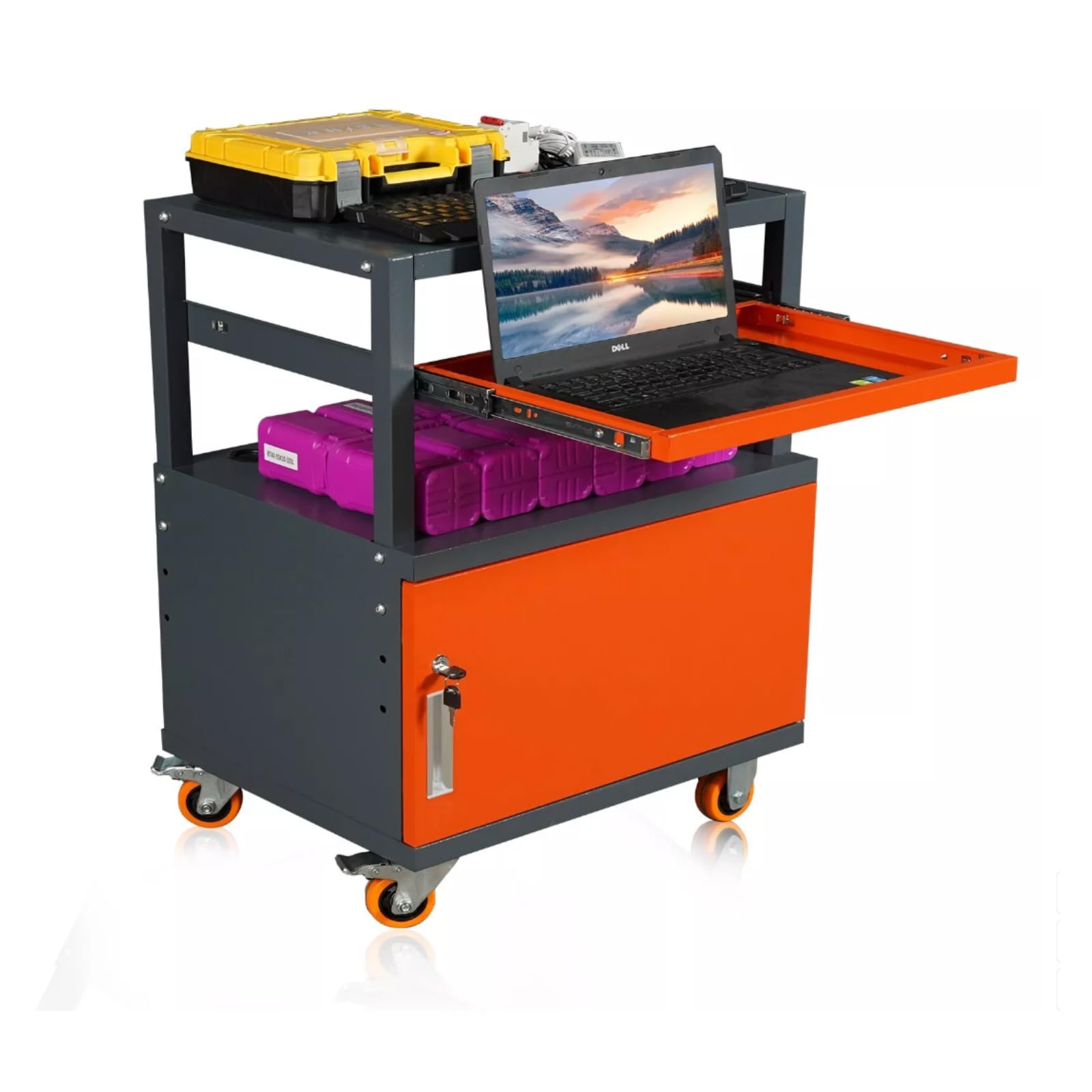 ImageYou Industrial Computer Cabinet with Wheels, Durable Steel CNC Tool Holder, Keyboard Tray, Double-Layer Storage, Rust-Resistant, Mobile Workstation for Workshops, Garages, and Repair Shops