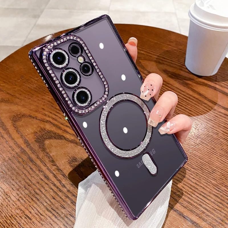 Image of for Samsung Galaxy Glitter Case,Luxury Bling Rhinestone Diamond Plated Bumper Case,MagSafe, Sparkle Camera Lens Protection Clear Back Cover (Purple, for Samsung Galaxy S25 Ultra)