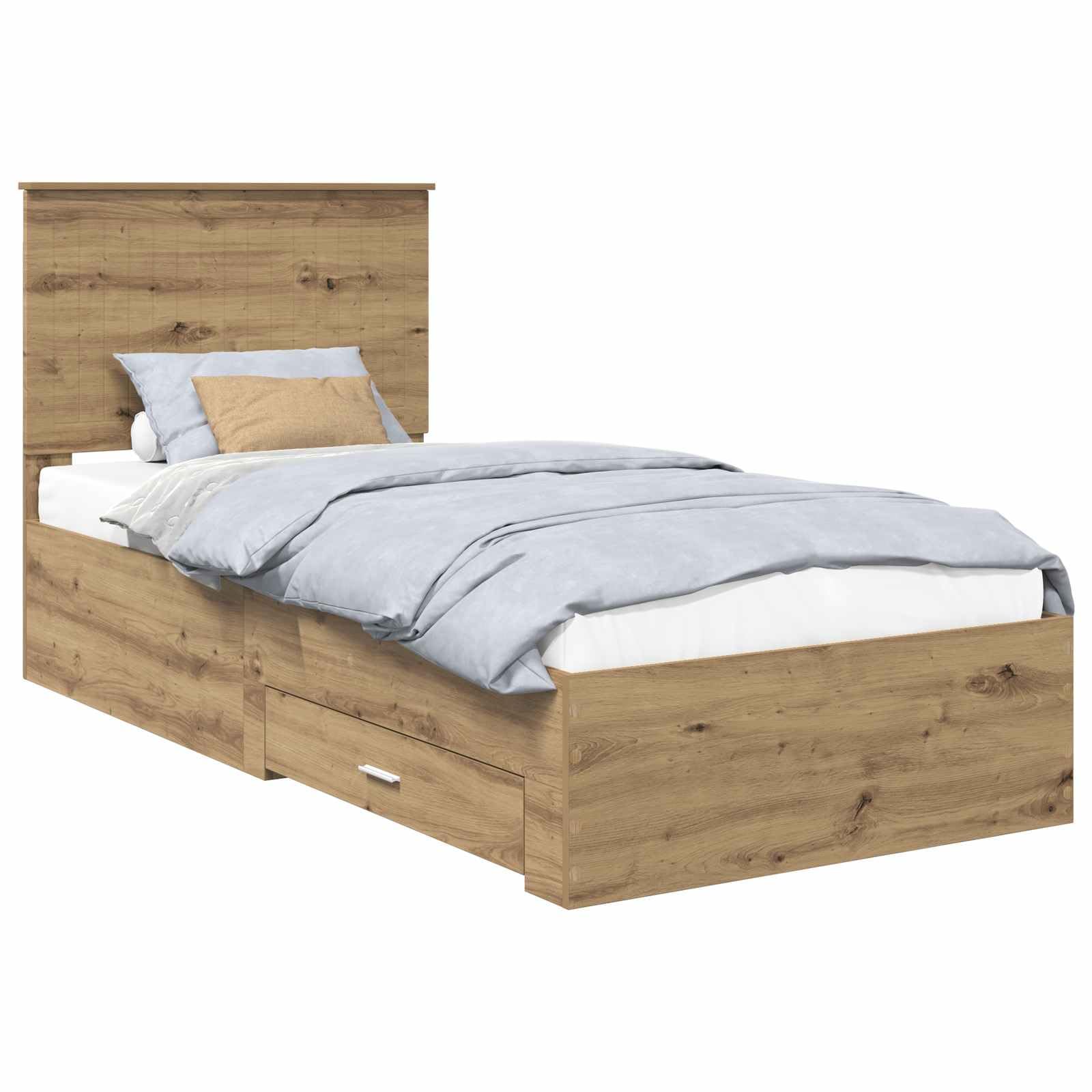 Marco de cama con cabecera, roble artesanal, 90 x 200 cm, hecho de material derivado de la madera, moderna cama de almacenamiento, con cajones, espacio de almacenamiento y diseño elegante