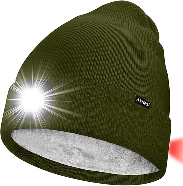 ATNKE Unisex 8 LED Lighted Beanie Hat,USB Rechargeable Red Glow Flashing Alarm Tail Light Running Headlamp Bright Cap with Head Torch Winter Warm Lined Fleece Gifts for Men and Women