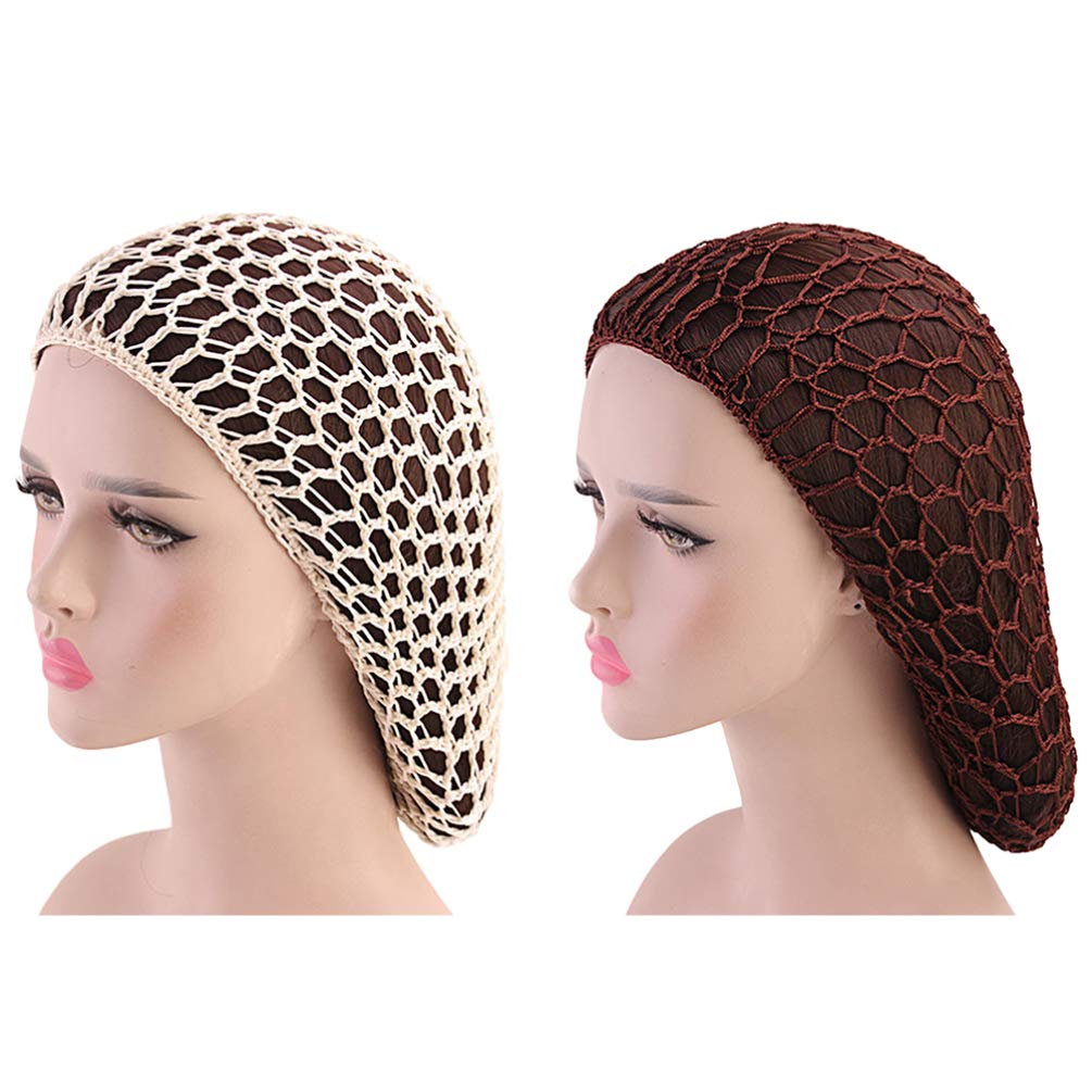 Minkissy 2 Stück Schlafende Haarnetze Häkeln Haarnetz Langes Haar Snood Cover Turban für Frauen Mädchen Beige Kaffee