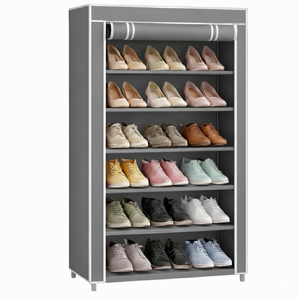 Grey Shoe Rack with Cover | Plastic Rack 6 Shelves with Zip Cover & Side Pockets | Dustproof Multiuse Storage Organizer for Footwear, Toys, Shoe Rack Plastic, Slipper Stand-image-40