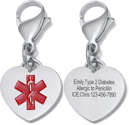 VNOX Abalorio de alerta médica dije de identificación médica con cierre de langosta con grabado gratuito llavero médico de emergencia para hombres