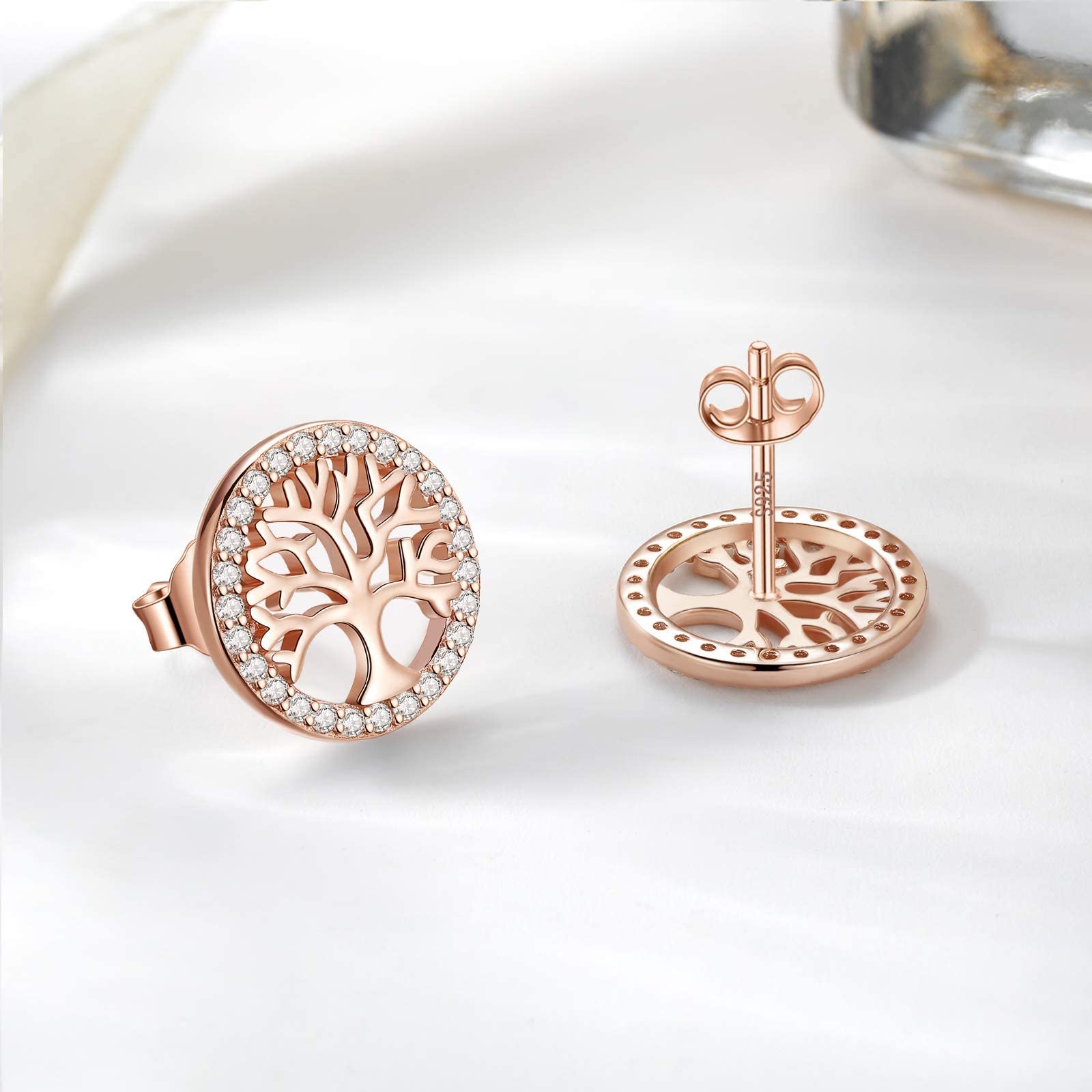 Jrêveinfini Lebensbaum Ohrringe Damen Sterling Silber 925, Ohrstecker Damen mit Geschenkbox, Geschenk für Sie Frau Freundin Mama Valentinstag Weihnachten Muttertags, Durchmesser 12mm