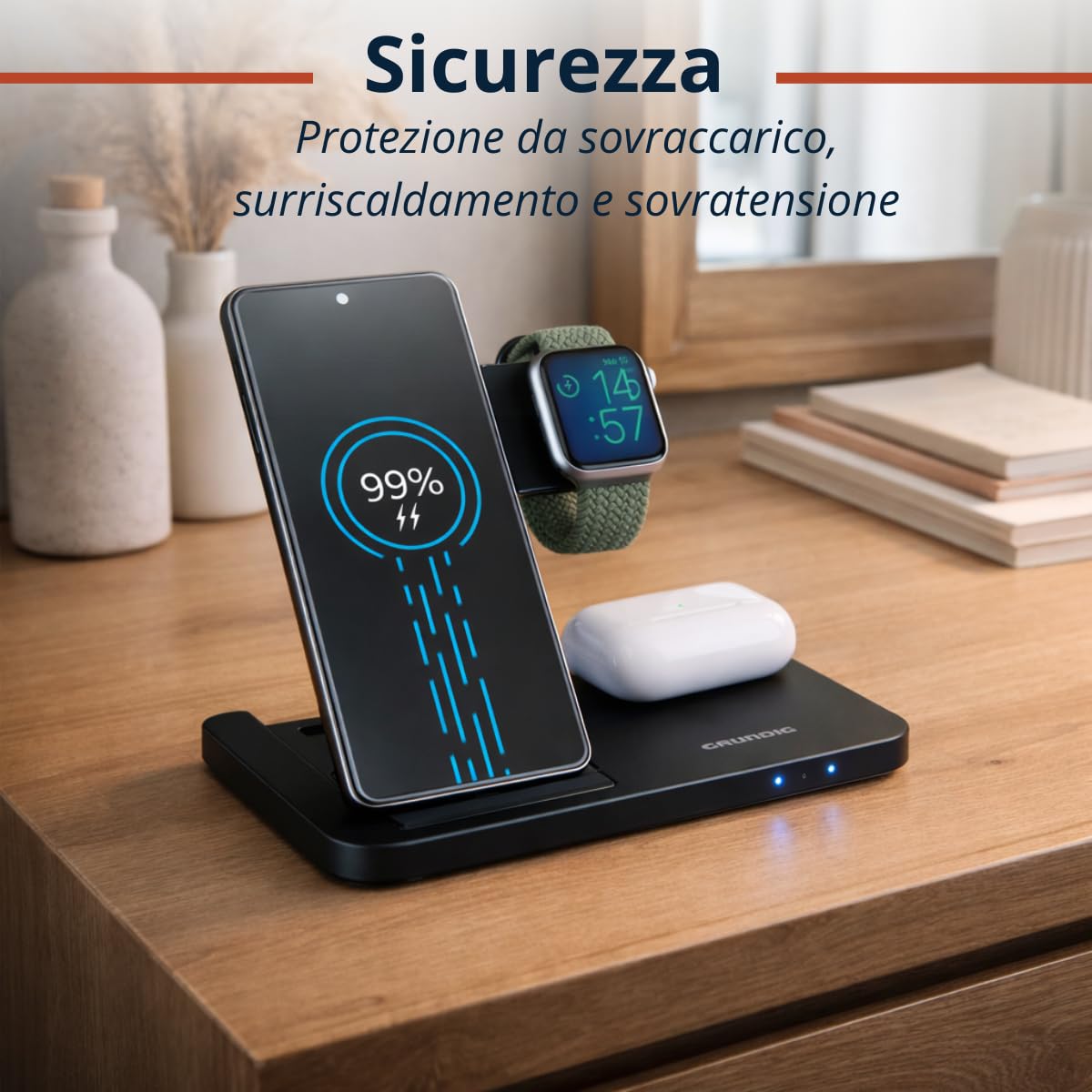 Grundig Caricabatterie wireless 3 in 1 - Stazione di ricarica rapida per smartphone, smartwatch, auricolari - Caricatore wireless per iPhone e Samsung - Wireless Charger - Design pieghevole