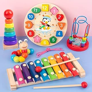Wooden Educational Toys, 5-in-1 Early Learning Set, Wooden Xylophone Musical Instruments, Wire Beads and Caterpillar Shaped Toys. Birthday