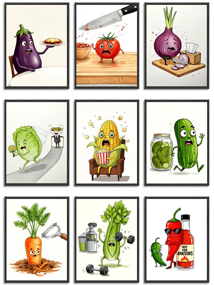 9Pcs Funny Weird Kitchen Wall Art Cute Cool Colorful Food Vegetable Painting Picture Wall Decor Whimsical Pickle Eclectic Food Art Poster Print Artwork for Modern Dining Room Home Decoration Unframed