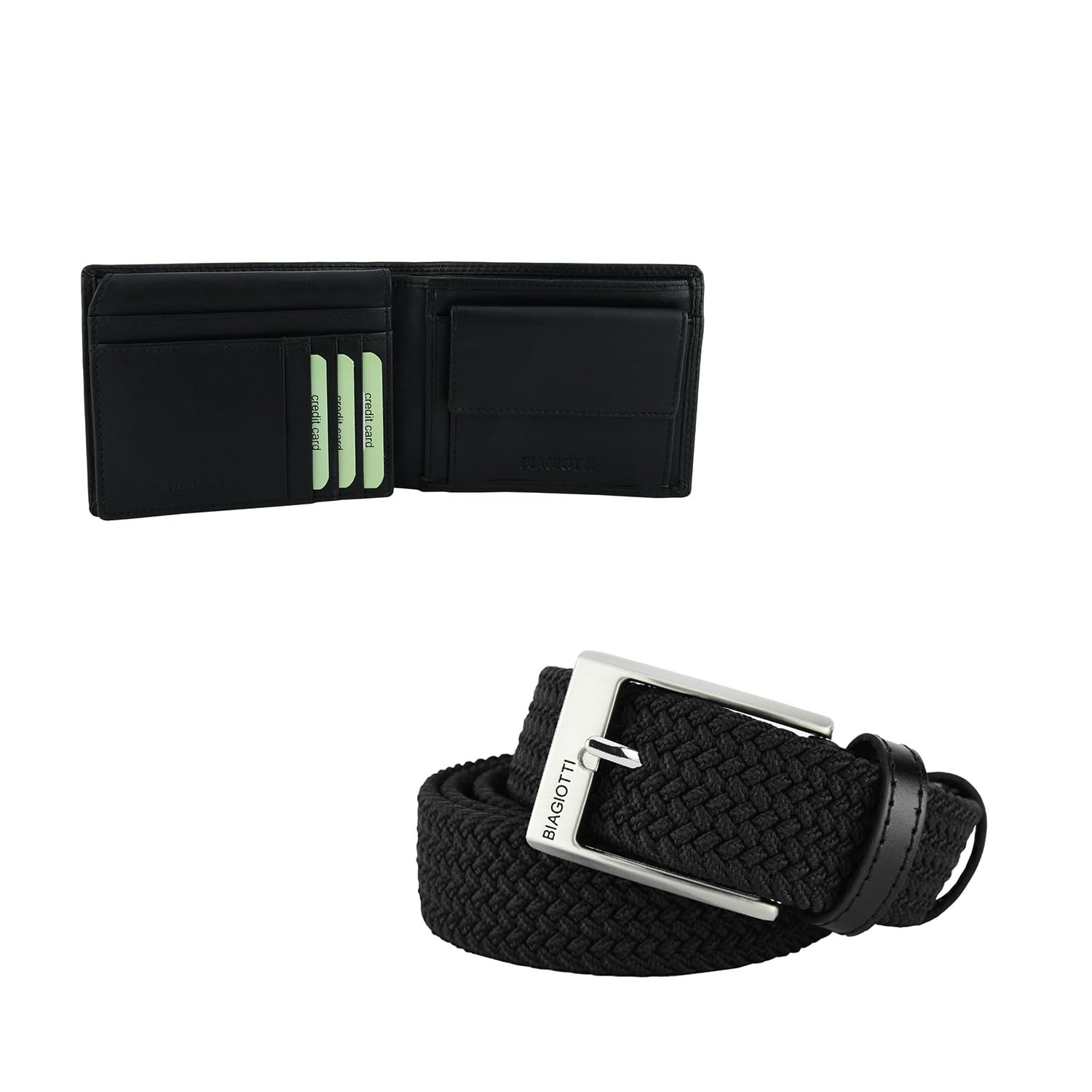 Biagiotti Herren Geschenkset – Leder-Geldbörse und elastischer Gürtel mit Ledereinsätzen, kürzbar