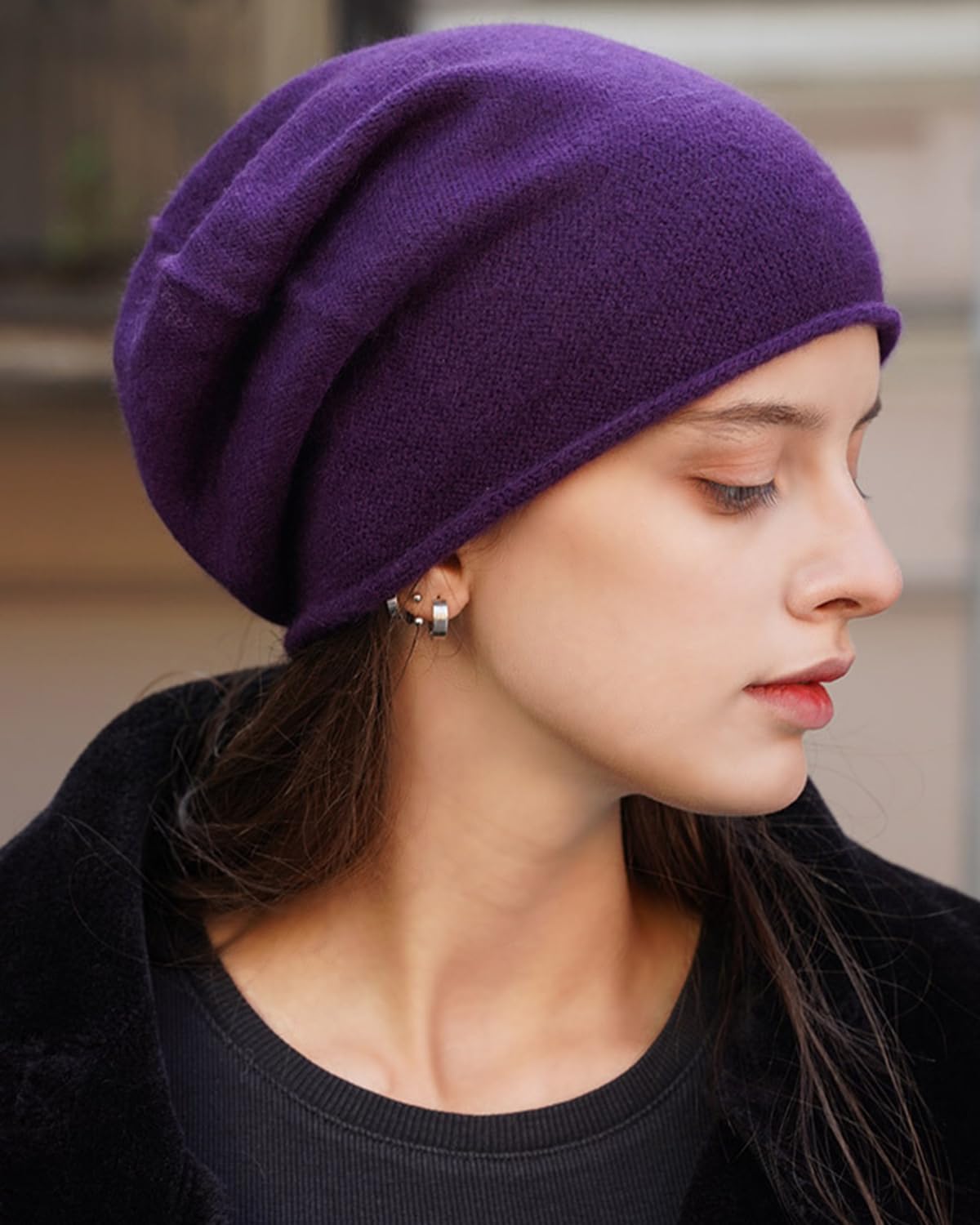 YUONNY 100% kaszmirowa dzianinowa czapka damska, ciepła luźna czapka beanie z zwijanym brzegiem na jesień zimę, wszechstronna miękka czaszka czapki outdoorowe sportowe na narty prezent