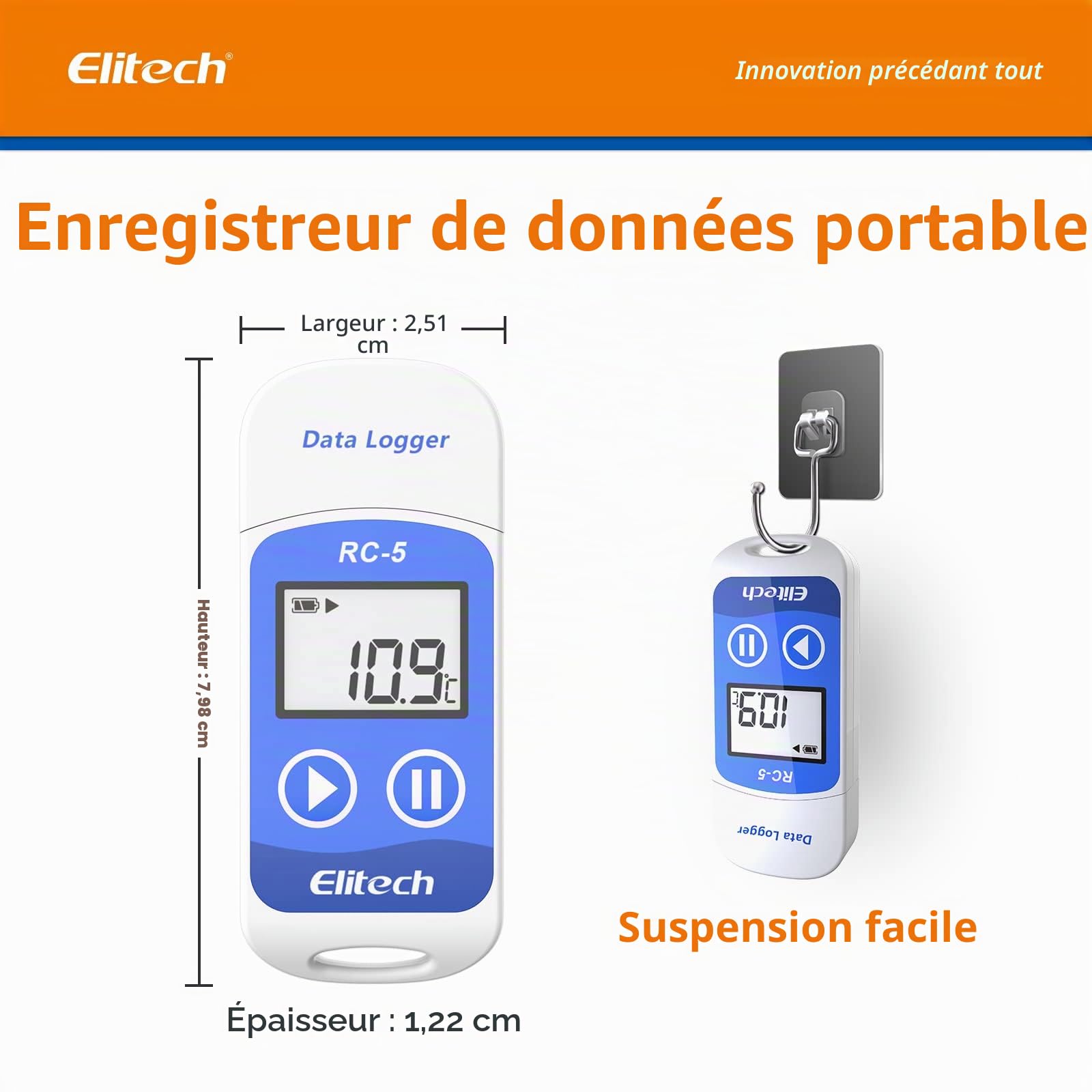 Elitech RC-5 Lot de 10 Enregistreur de Température USB Mini, Capteur Haute Précision, 32000 Points d'enregistrement et Rapport PDF