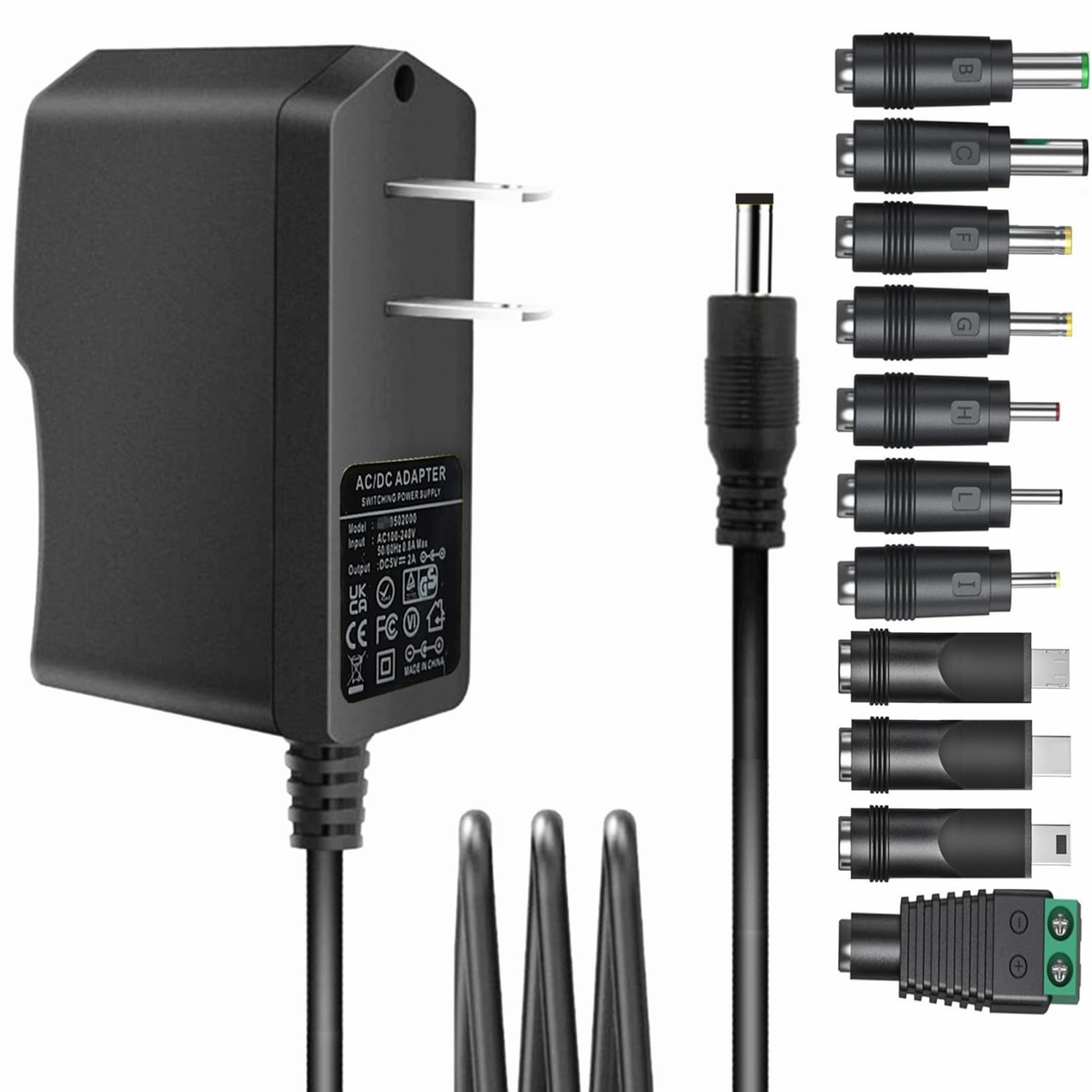 Adaptador universal de CA de 5 V 2 A con 11 puntas de enchufe CC AC a DC5 V 1.5 A, 1 A, 800 mA, 600 mA, 500 mA, 400 mA, 300 mA, 100 mA, adaptador de corriente de 5 V, cargador de pared, adaptador de