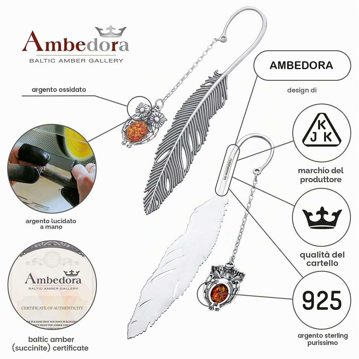 Segnalibro Argento 925 Ossidato, Ambra Baltica Ovale in Colore Cognac, Segnalibro Gufo in Argento con Ambra L. 11,5 cm