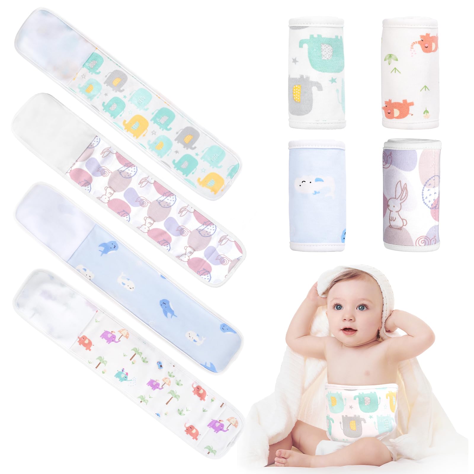 4 Pack Umbilical Cord Belly Band, Soft Cotton Adjustable Newborn Navel Wrap, Cartoon Infant Tummy Protector for 0-12 Months, Baby Shower Gift