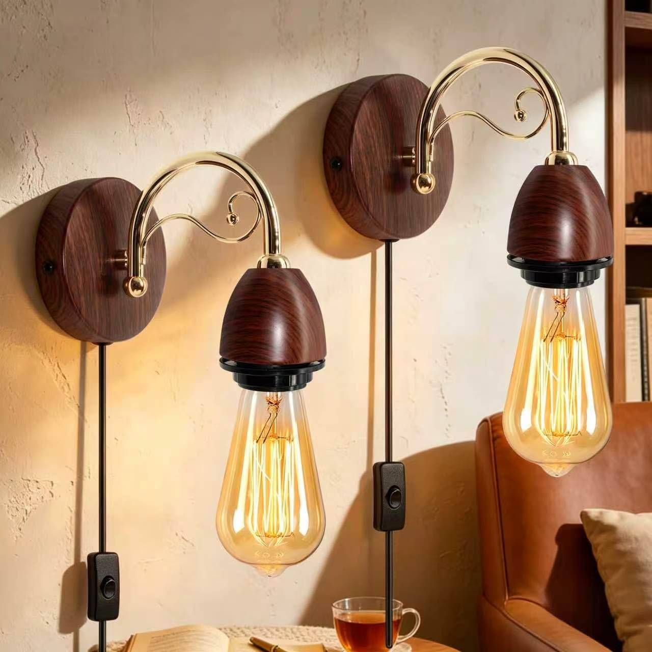 2 Pack Plug in Wall Lights for Bedroom, E27 Vintage Industrial Wall Lamps