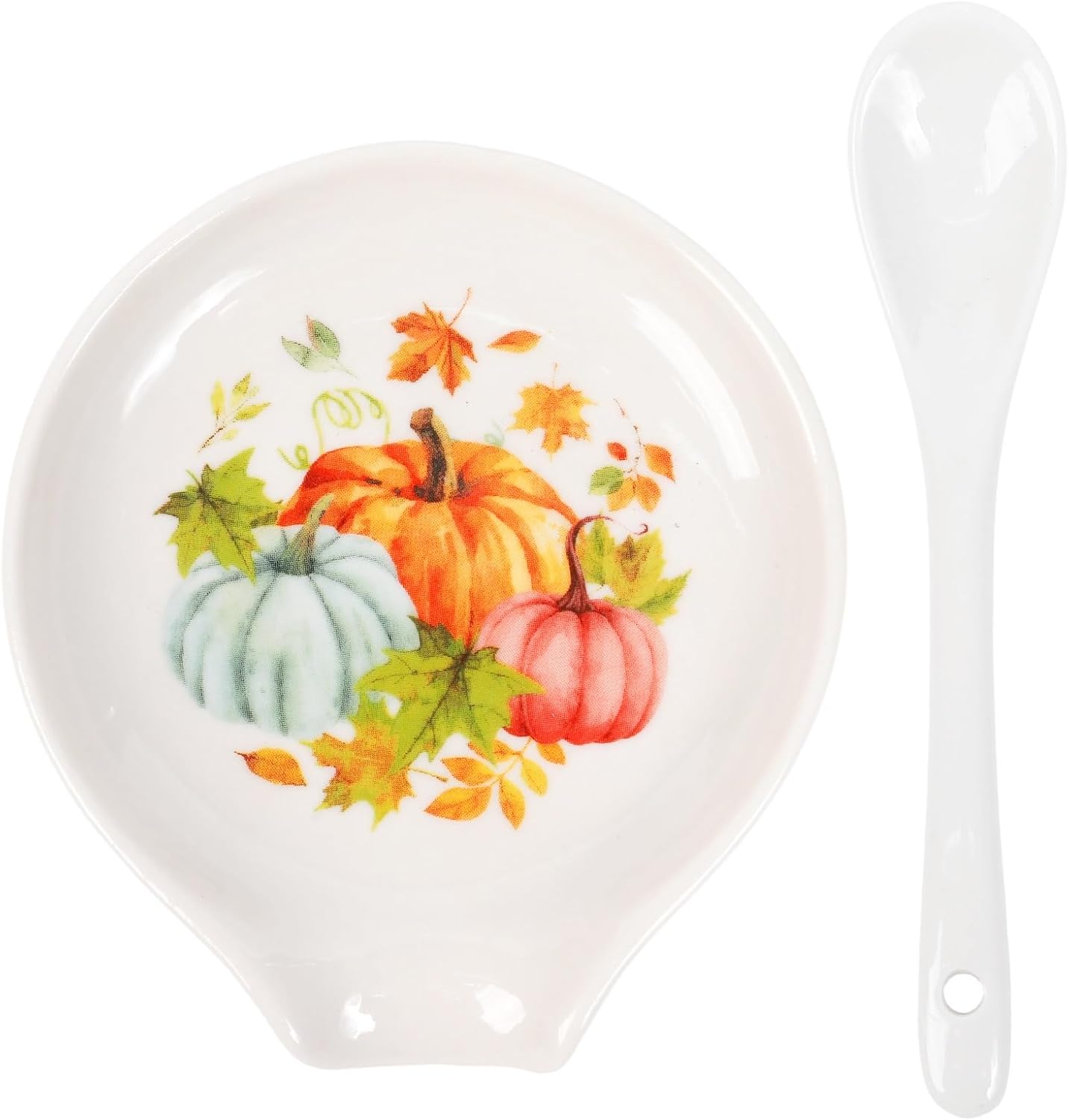 Fall Pumpkin Spoon Rest - Cute Watercolor Pumpkin Ceramic Holder with Spoon, Practical Utensil Autumn Thanksgiving Kitchen Decor for Stove Top