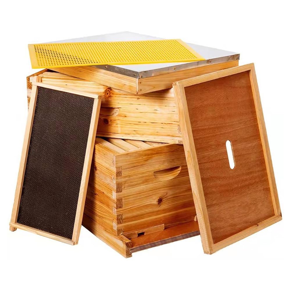 Bienenstock-Starterset,10 Rahmen Bienenstock Bienenwachs Beschichtet BienenstöCke FüR Alle Imkerei Ebenen Komplette Bienenstock Kit EnthäLt 1 Tief Boxen 1 Medium Box Frames Und Stiftung BläTter