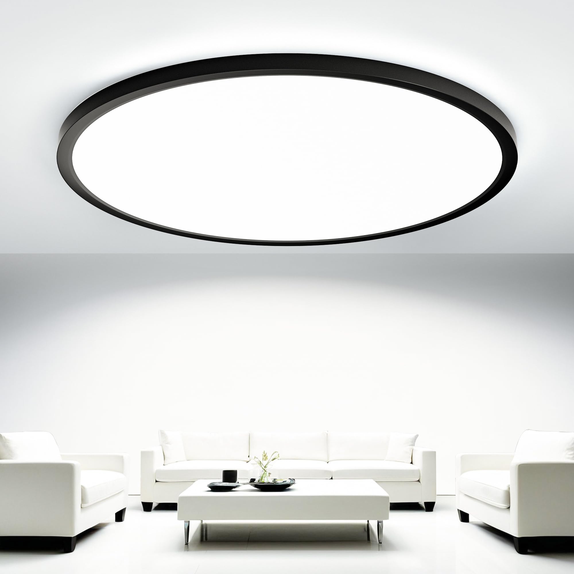OTREN Plafonnier LED 52W, 5200LM Moderne Rond Luminaire Intérieur, IP44 Etanche Lumière de Salle de Bain, Ultra Mince Noir Lampe de Plafon pour Salon Chambre Cuisine Bureau, Blanc Froid 4000K, Ø50cm