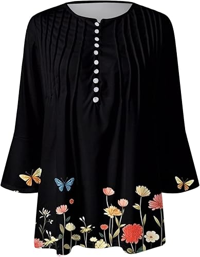 Miniatura 4 de Womens 34 Bell Sleeve Tunic Tops Dressy Casual Notch V Neck T Shirts Loose Soft Pleated Floral Button Down Blouses