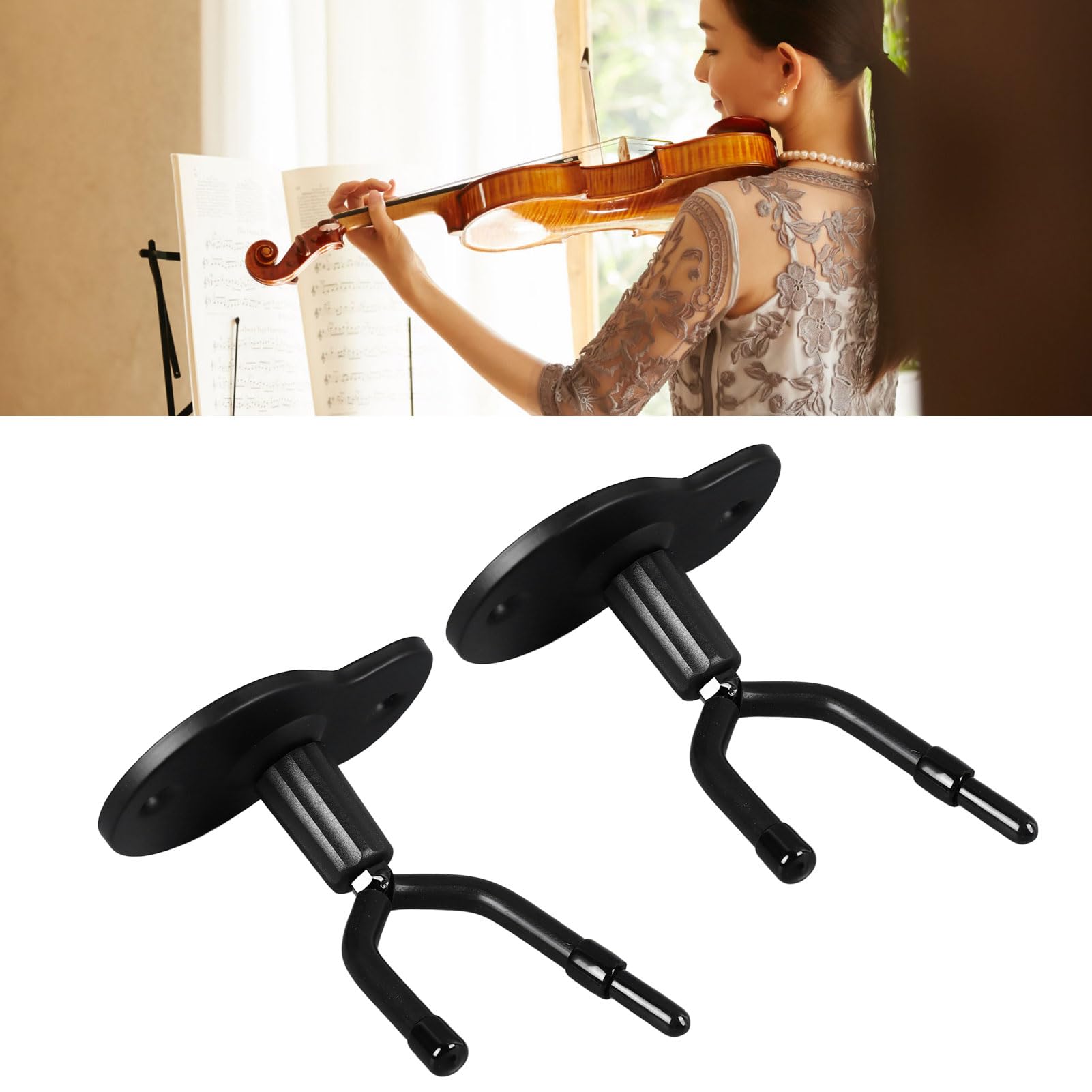 lvifloae Wall Mount Violin Hanger, Violin Hanger Iron Base Anti Slip Rubber Pad Double Head Adjustable Wall Mount Violin Viola Hook 1PCS (iron+rubber 2)
