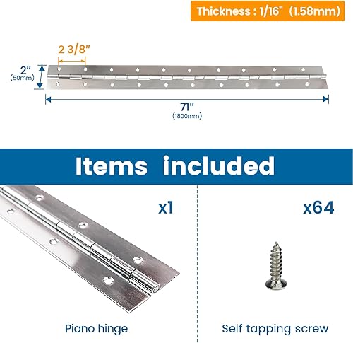 Miniatura 2 de Muzata Paquete de 1 bisagra de piano de acero inoxidable resistente de 71 pulgadas con agujeros para caja de almacenamiento de puerta de barco, 2