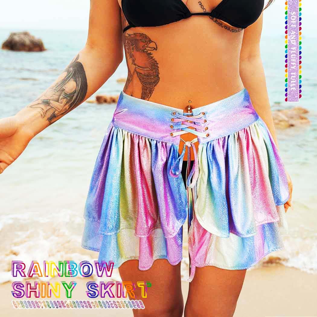 TWINKLEDE Women's Rainbow Skirt Shiny Costume Skirt Tie-on Bustle Skirt Festival Skirt for Teen Girls (Rainbow-Pink)