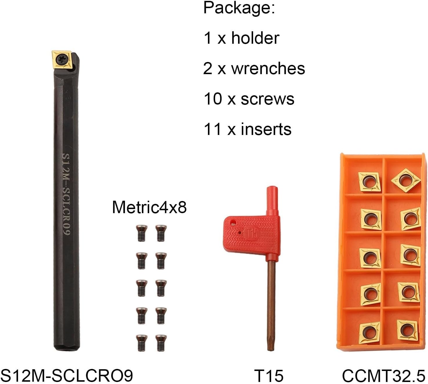 Indexable Turning Tool Holder Boring Bar with CCMT32.51 Carbide Inserts for Stainless Steel Machining, Lathe Tool Holder Kit with 11 Inserts & Screws, S12M-SCLCR09