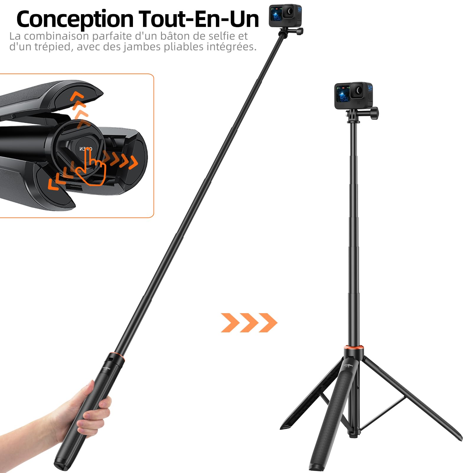 Perche à Selfie Telescopique 135 cm avec Trépied Intégré pour GoPro Hero 13/12/11/10/9/Max, DJI Osmo Pocket 4/3, Osmo Action 5 Pro/4, Insta 360 Ace Pro, AKASO EK7000 et Autres Caméra d'action