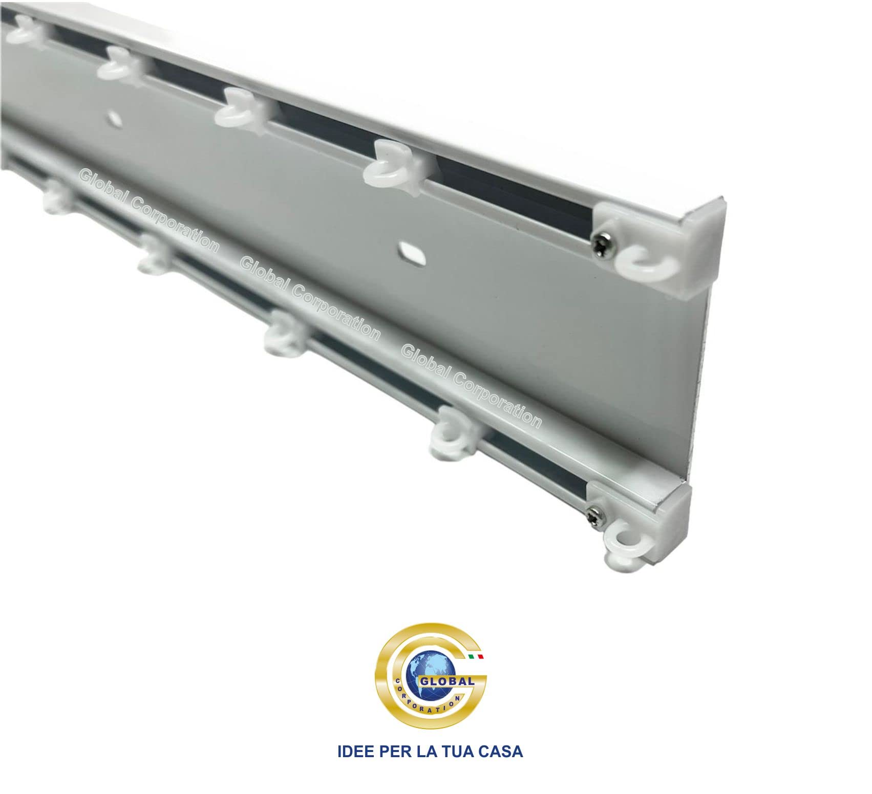 GLOBALCORPORATION Binario per tende a soffitto doppio in alluminio bianco con scorrevoli da interno sopratende arricciate a 2 canali bastone per tenda su misura moderni scorrimento (240 centimetri)