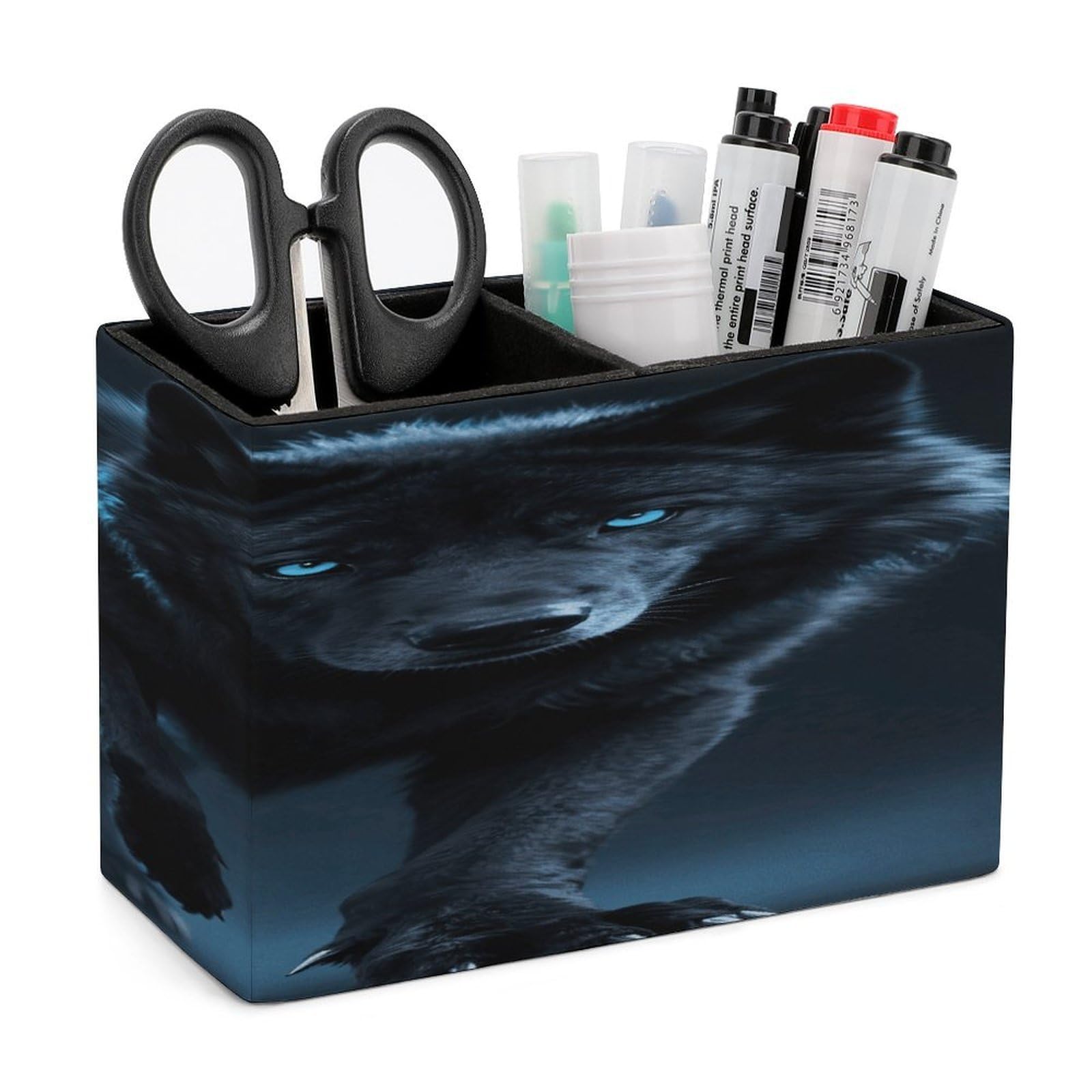 VstaDank Cool Cyan Black Wolf Pencil Holder for Desk Organizer 2 Compartments Pen Cup Leather Square Pen Holder Pencil Cup Stand Makeup Brush Holders for Desktop Organizer Storage Case