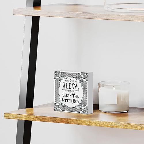 Miniatura 5 de Cartel de madera para amantes de los gatos, decoración de pared para el hogar, 5 x 5 pulgadas, rústico, con Alexa Clean the Litter Box