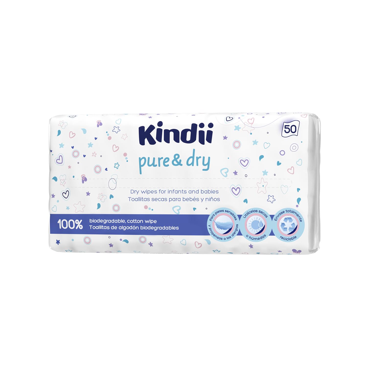 Kindii Toallitas secas para bebé Pure&Dry - (50 Piezas) Toalla facial desechable - Toallitas a granel, accesorios para bebé, multifuncional, 100% algodón - 50 Piezas - 2