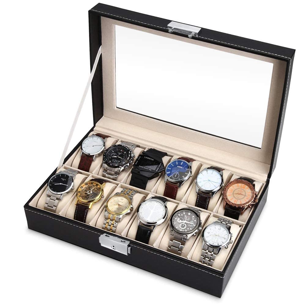 Maverton Boîte à Montres avec Vitrine Gravée - Étui pour 12 Montres à Personnaliser, Boîte de Rangement – Cadeau Homme - Cadeau Personnalisé - Cadeau Anniversaire - Cadeau Noel - majuscule