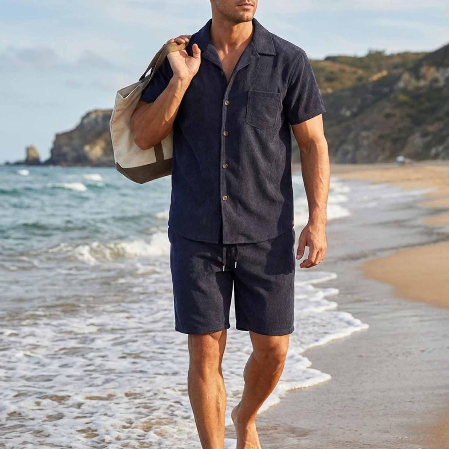 Cambkatl Men's Corduroy 2 Piece Outfits, Short Sleeve Button Down Shirt and Shorts Summer Business Casual Sets with Pockets