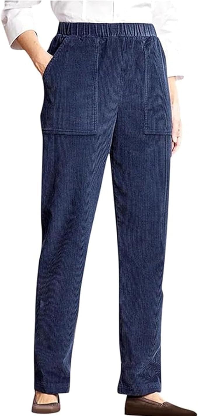 Corduroy Pants for Women Elastic High Waist Pull On Straight Leg Slacks Casual Fall Trousers with Pockets