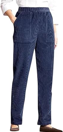 LOVESHOOT Women's Corduroy Pants - Elastic High Waist Pull-On Straight Leg Trousers with Pockets