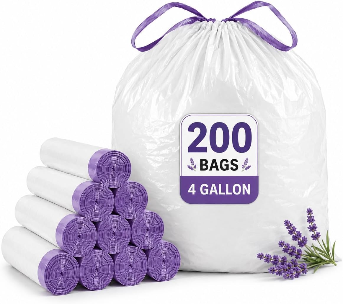4 Gallon Trash Bags, 200 Count, Lavender Scented Drawstring Bags