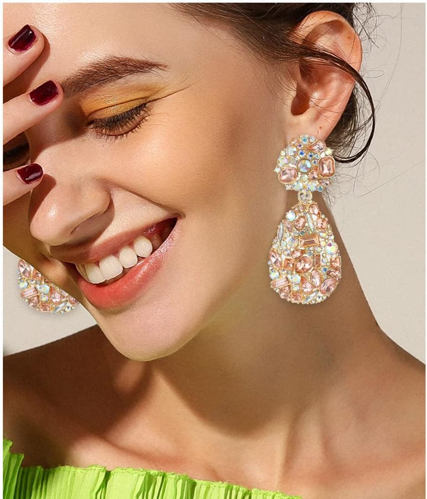 Rhinestone Statement Earrings Teardrop Costume Earrings Cluster Crystal Chandelier Drop Dangle Earrings for Women - Image 2