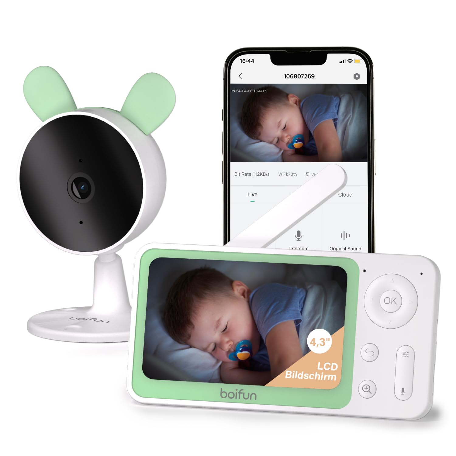 BOIFUN Babyphone mit Kamera App, Bewegungs/Geräuscherkennung Babyfon WLAN, Intelligente Nachtsicht, Weitwinkelkamera, Zweiseitiger Dialog, Zonenalarme, 4X Zoom, VOX-Modus, Wiegenlied, Einstiegsmodell