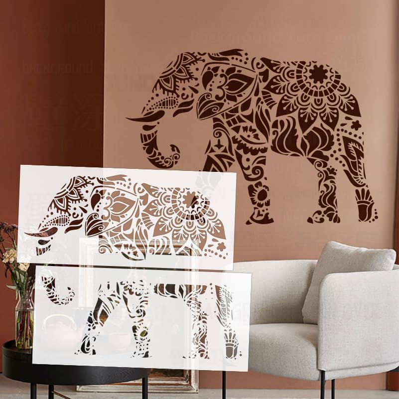 Pochoirs muraux réutilisables S635 grand mandala éléphant sacré 87cm