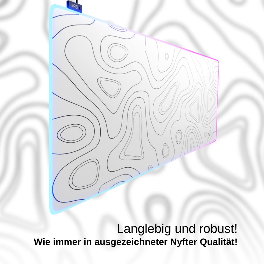 Nyfter - XXL Gaming Mauspad RGB White im Topography Design 900 x 500mm Premium Mousepad Size Groß vernähte Kanten langlebig mit high-end Glide und Anti-Rutsch Speed Gaming Mauspad
