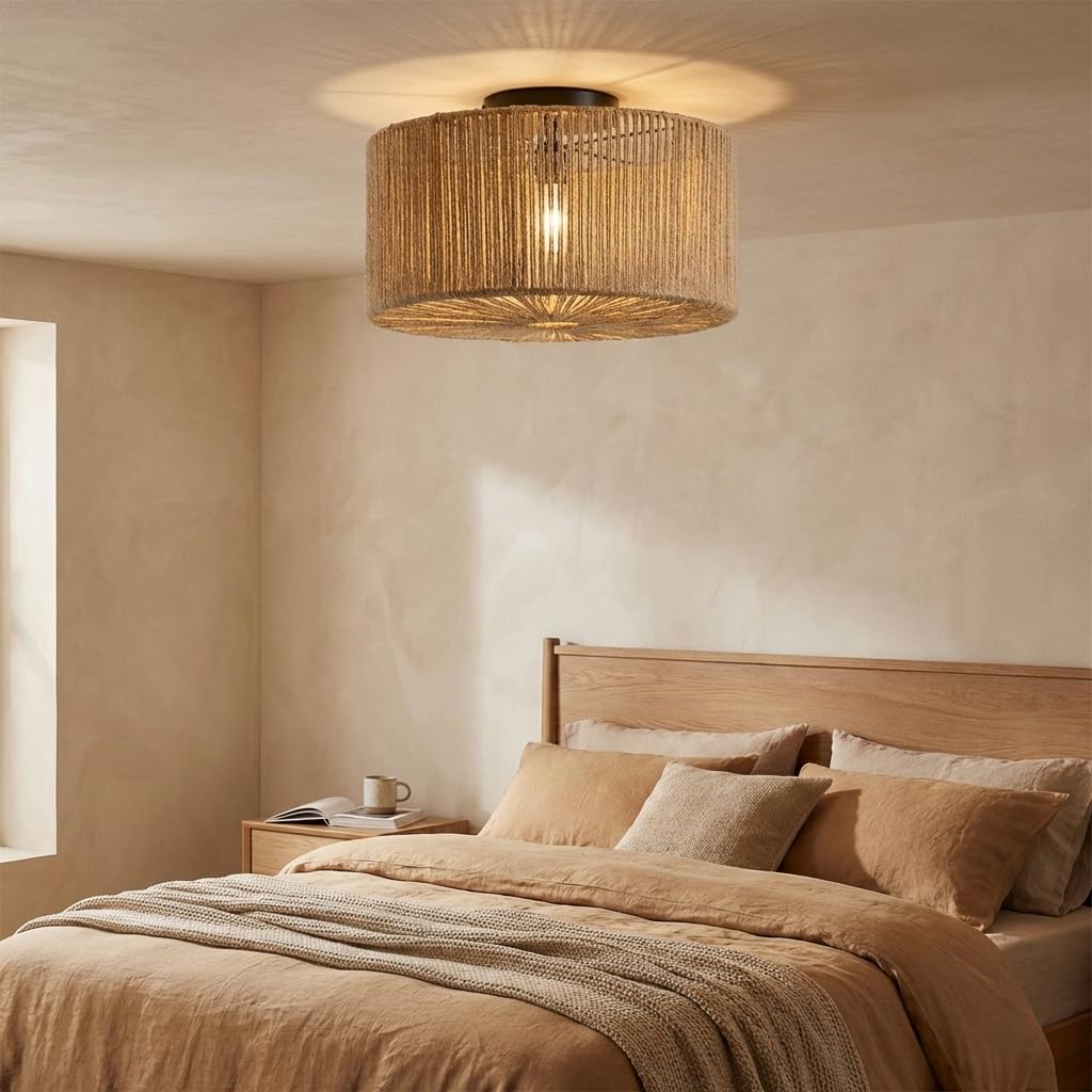 Alpinaluz Plafón de Techo YUTORA Ø40 cm, Lámpara Artesanal de Cuerda de Yute Beige con Estructura de Acero para Salón, Dormitorio y Entrada, Estilo Rústico Boho, Luz Suave y Acogedora